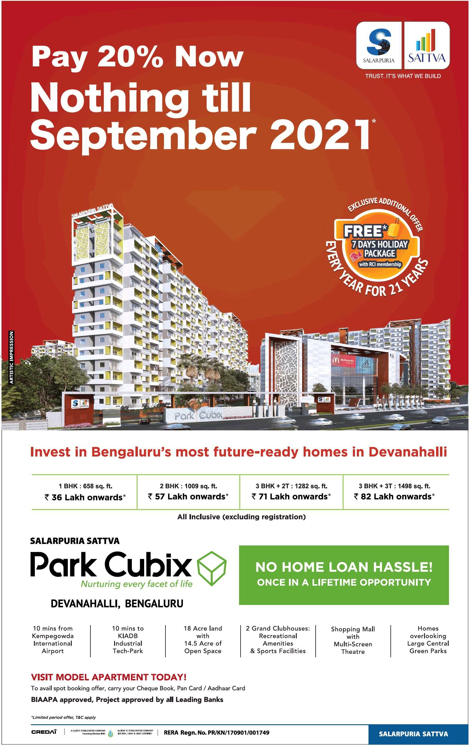 Pay 20% now & nothing till september 2021 at Salarpuria Sattva Park Cubix in Bangalore